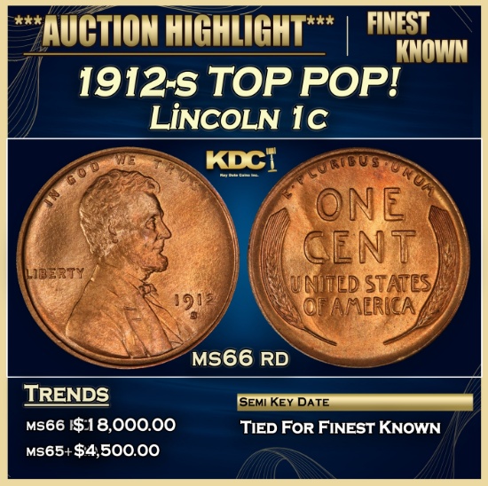 1912-s Lincoln Cent TOP POP! 1c ms66 rd SEGS