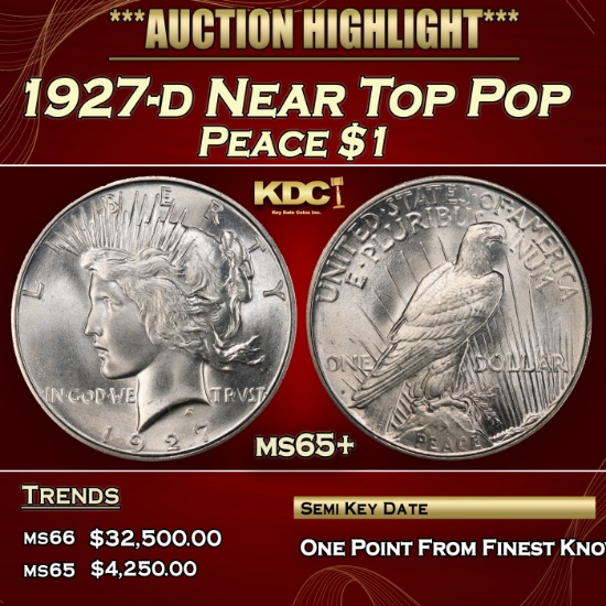 1927-d Peace Dollar Near Top Pop $1 ms65+ SEGS