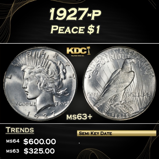 1927-p Peace Dollar $1 Grades ms63+