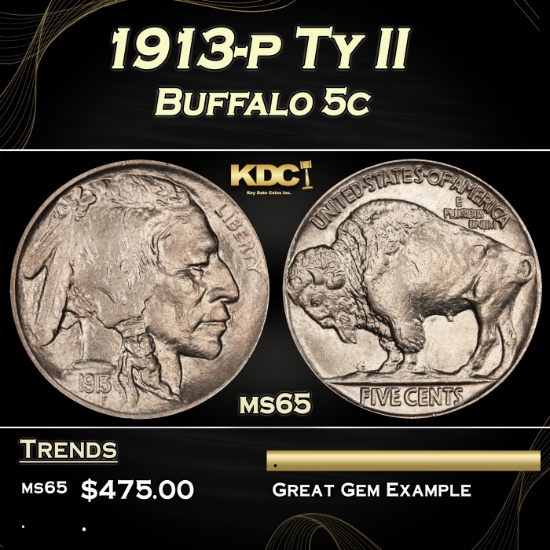 1913-p Ty II Buffalo Nickel 5c Grades ms65