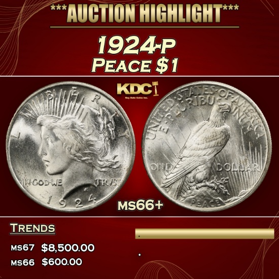 1924-p Peace Dollar $1 ms66+ SEGS