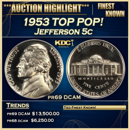 1953 Proof Jefferson Nickel TOP POP! 5c pr69 DCAM SEGS