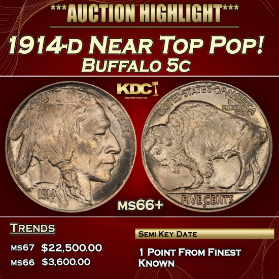 1914-d Buffalo Nickel Near Top Pop! 5c ms66+ SEGS