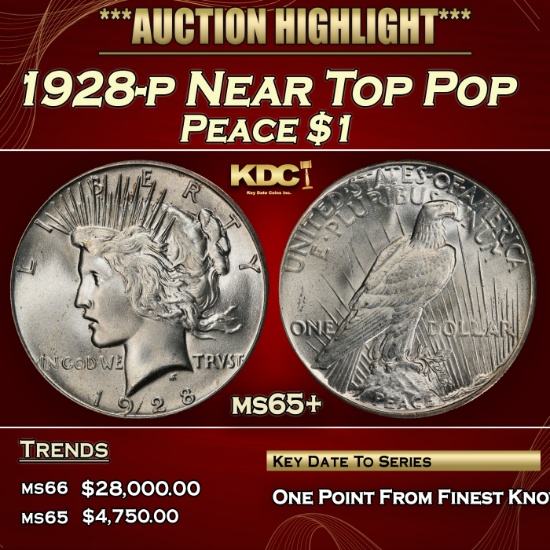 1928-p Peace Dollar Near Top Pop $1 ms65+ SEGS