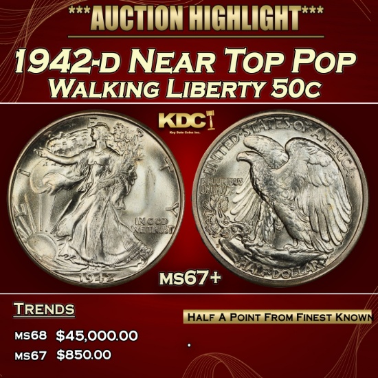1942-d Walking Liberty Half Dollar Near Top Pop 50c ms67+ SEGS