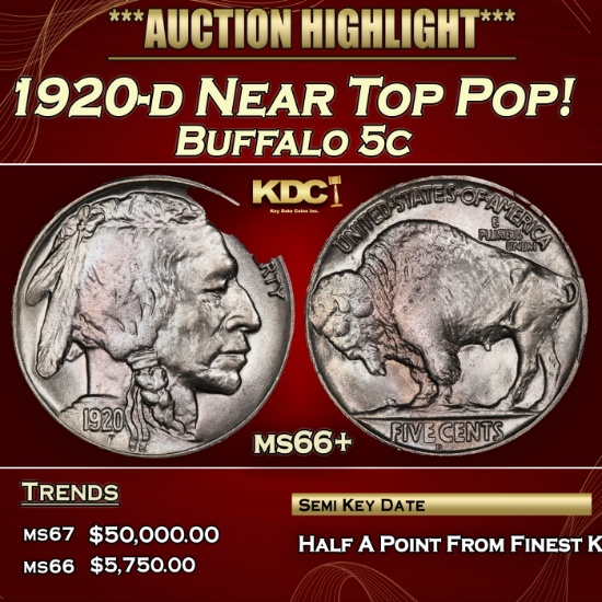 1920-d Buffalo Nickel Near Top Pop! 5c ms66+ SEGS