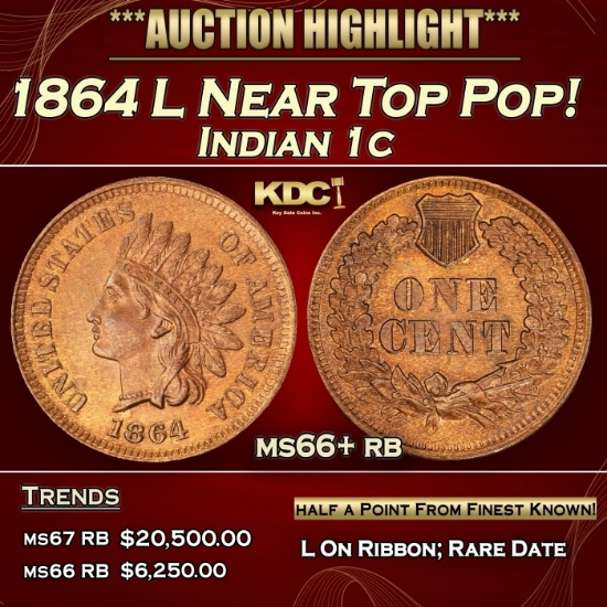 1864 L Indian Cent Near Top Pop! 1c ms66+ rb SEGS