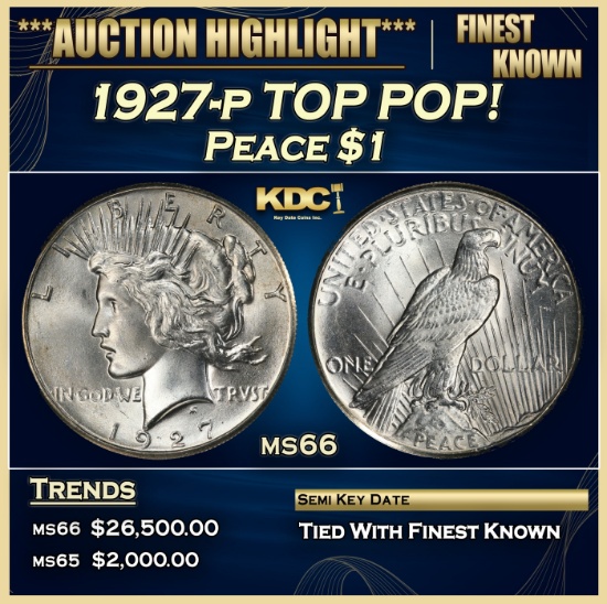 1927-p Peace Dollar TOP POP! $1 ms66 SEGS