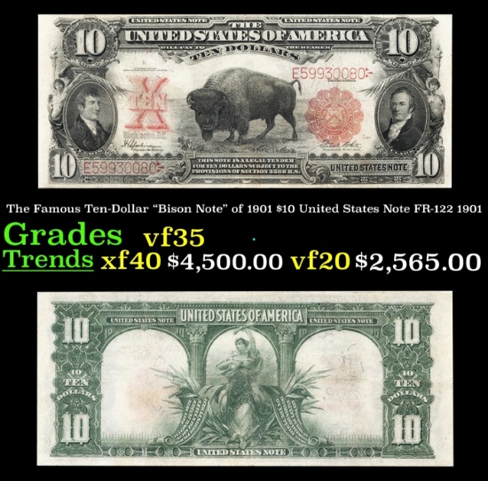 The $10 United States Note Famous Ten-Dollar "Bison Note" of 1901 FR-122 Grades vf++ 1901