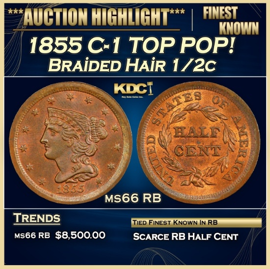 1855 Braided Hair Half Cent C-1 TOP POP! 1/2c ms66 RB SEGS