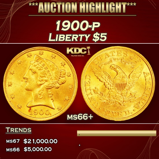 1900-p Gold Liberty Half Eagle $5 ms66+ SEGS