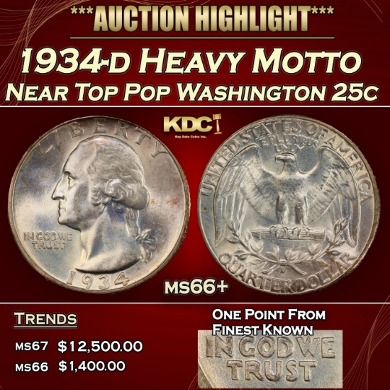 1934-d Heavy Motto Washington Quarter Near Top Pop 25c ms66+ SEGS