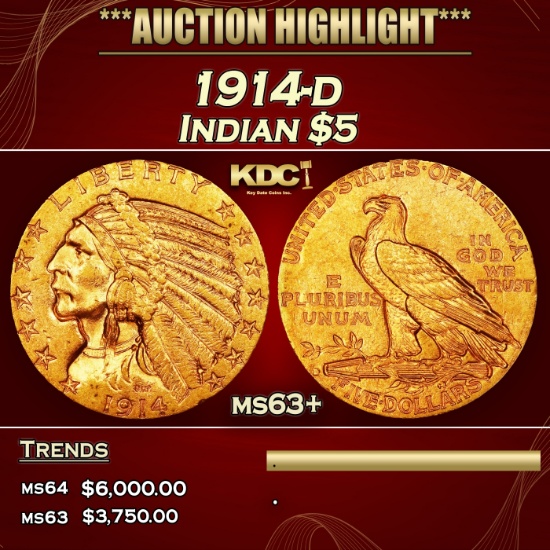1914-d Gold Indian Half Eagle $5 ms63+ USCG