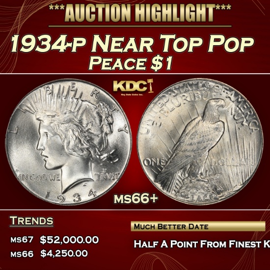 1934-p Peace Dollar Near Top Pop $1 ms66+ SEGS