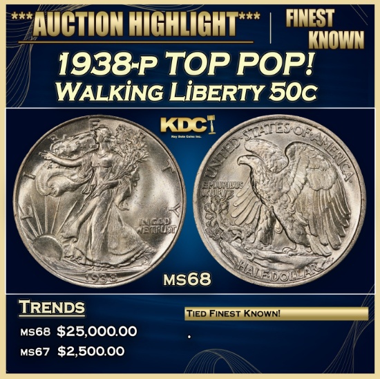 1938-p Walking Liberty Half Dollar TOP POP! 50c ms68 SEGS