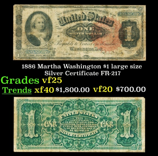 1886 $1 large size Silver Certificate Martha Washington Grades vf+ FR-217