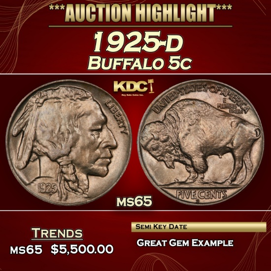 1925-d Buffalo Nickel 5c ms65 SEGS