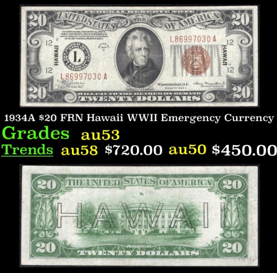 1934A $20 FRN Hawaii WWII Emergency Currency Grades Select AU