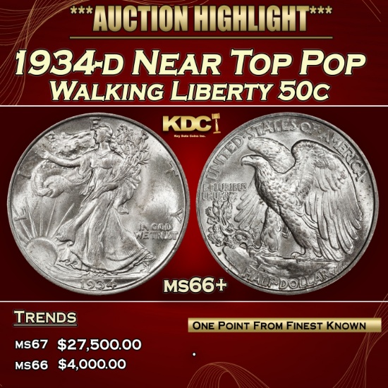 1934-d Walking Liberty Half Dollar Near Top Pop 50c ms66+ SEGS