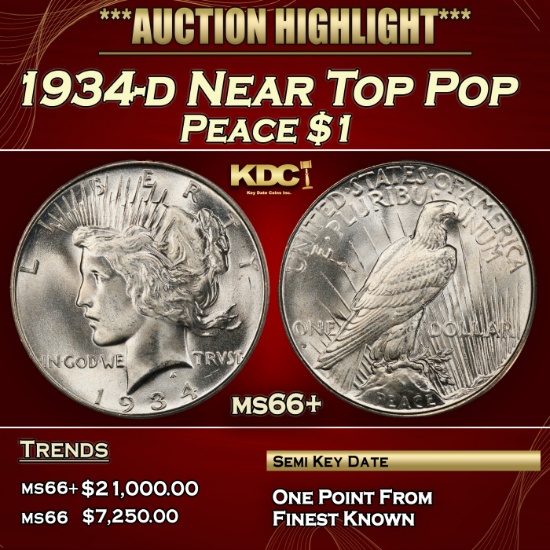 1934-d Peace Dollar Near Top Pop $1 ms66+ SEGS