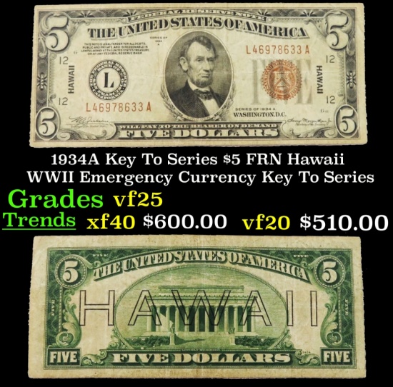 1934A $5 FRN Hawaii WWII Emergency Currency Key To Series Key To Series Grades vf+
