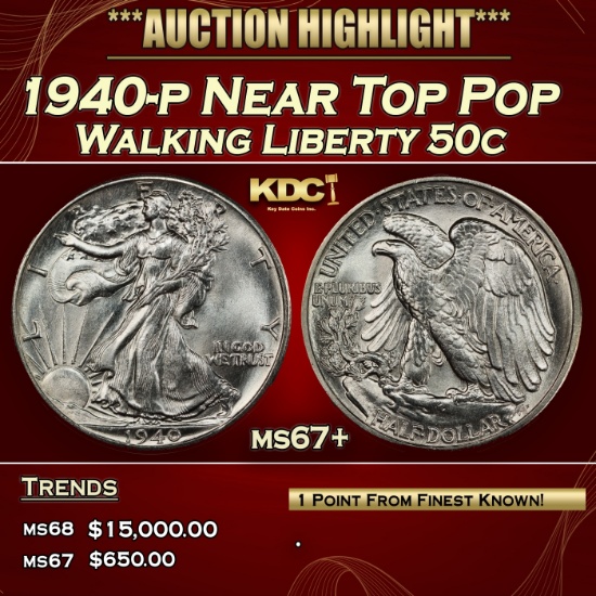 1940-p Walking Liberty Half Dollar Near Top Pop 50c ms67+ SEGS