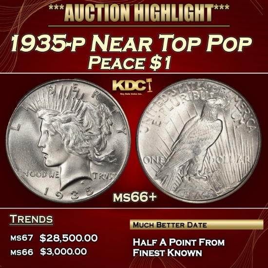 1935-p Peace Dollar Near Top Pop $1 ms66+ SEGS