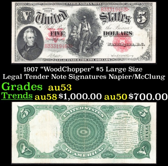 1907 $5 Large Size Legal Tender Note "WoodChopper" Grades Select AU Signatures Napier/McClung