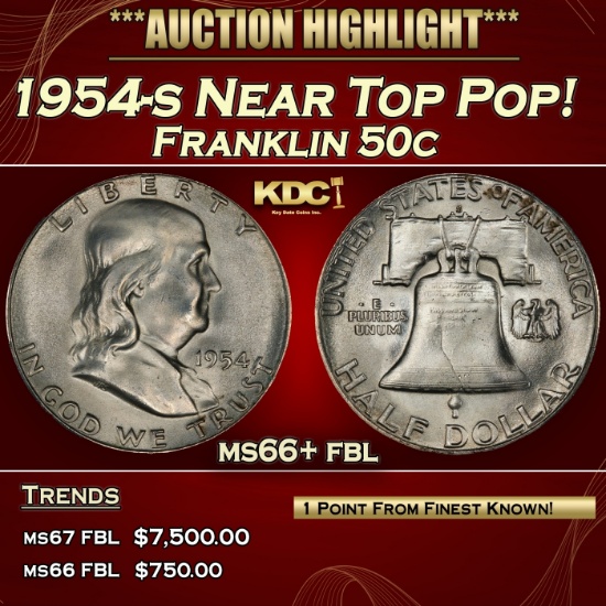1954-s Franklin Half Dollar Near Top Pop! 50c ms66+ fbl SEGS