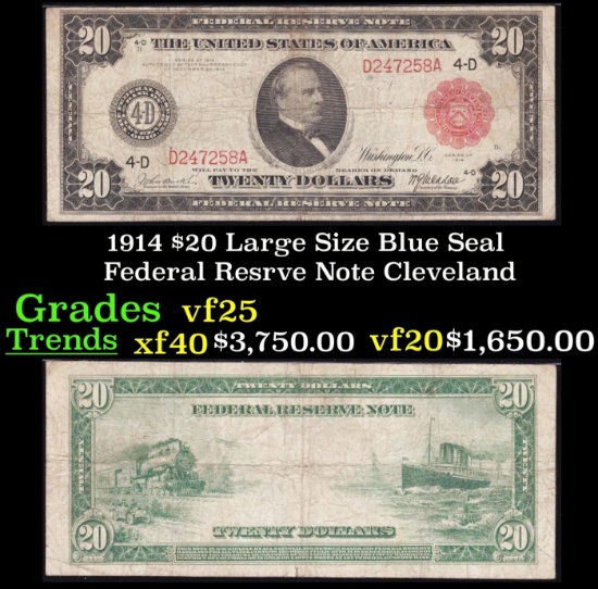 1914 $20 Large Size Blue Seal Federal Resrve Note Grades vf+ Cleveland