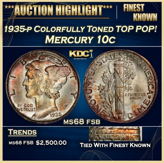 1935-p Mercury Dime Colorfully Toned TOP POP! 10c ms68 fsb SEGS