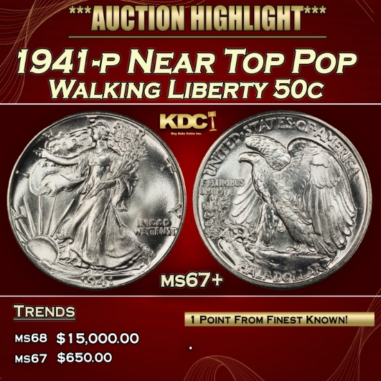 1941-p Walking Liberty Half Dollar Near Top Pop 50c ms67+ SEGS