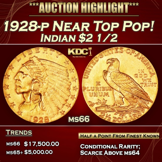 1928-p Gold Indian Quarter Eagle Near Top Pop! $2 1/2 ms66 USCG