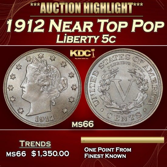 1912 Liberty Nickel Near Top Pop 5c ms66 SEGS