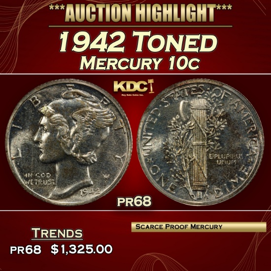 1942 Proof Mercury Dime Toned  10c pr68 SEGS