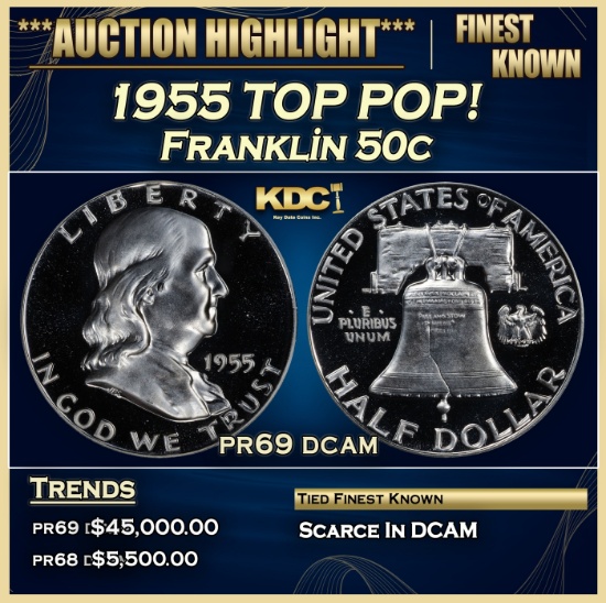 1955 Proof Franklin Half Dollar TOP POP! 50c pr69 dcam SEGS