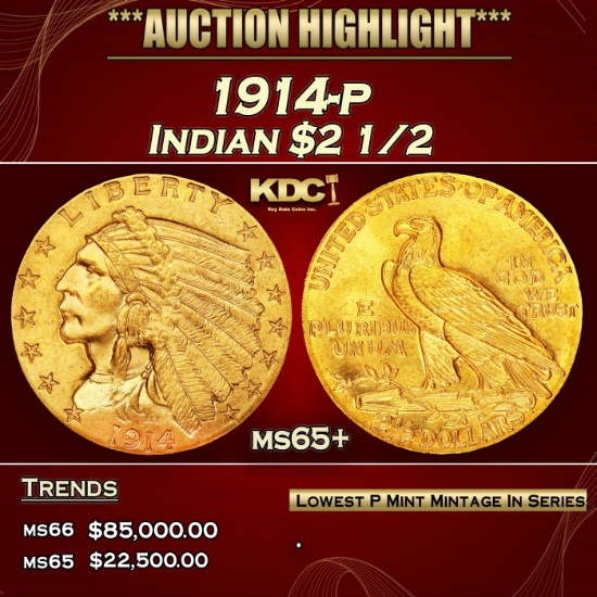 1914-p Gold Indian Quarter Eagle $2 1/2 ms65+ SEGS