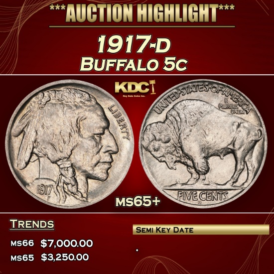 1917-d Buffalo Nickel 5c ms65+ SEGS