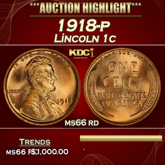 1918-p Lincoln Cent 1c ms66 rd SEGS