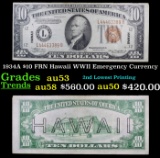 1934A $10 FRN Hawaii WWII Emergency Currency Grades Select AU