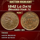 1842 Lg Date Braided Hair Large Cent 1c ms65+ BN SEGS