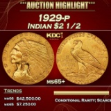 1929-p Gold Indian Quarter Eagle $2 1/2 ms65+ SEGS