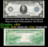 1914 $10 Large Size Blue Seal Federal Reserve Note Philadelphia, PA Grades vf+ FR-915