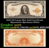 1922 $10 Large Size Gold Certificate Grades Select AU Signatures Speelman/White