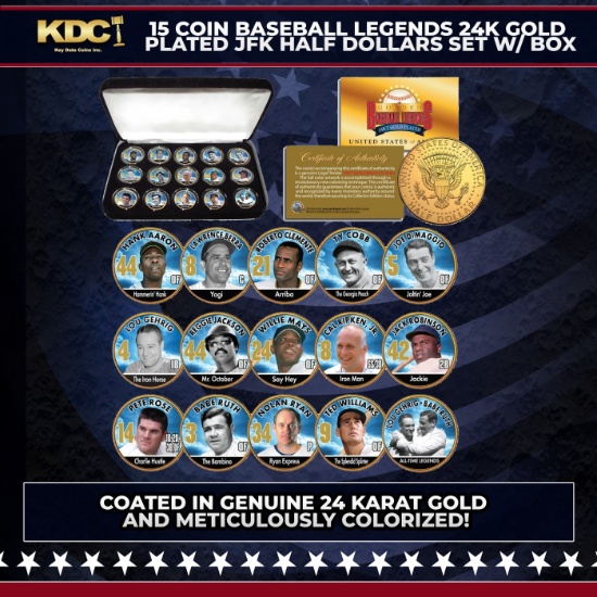 15 Coin Baseball Legends 24K Gold Plated JFK Half Dollars Set w/ Box Other Toy