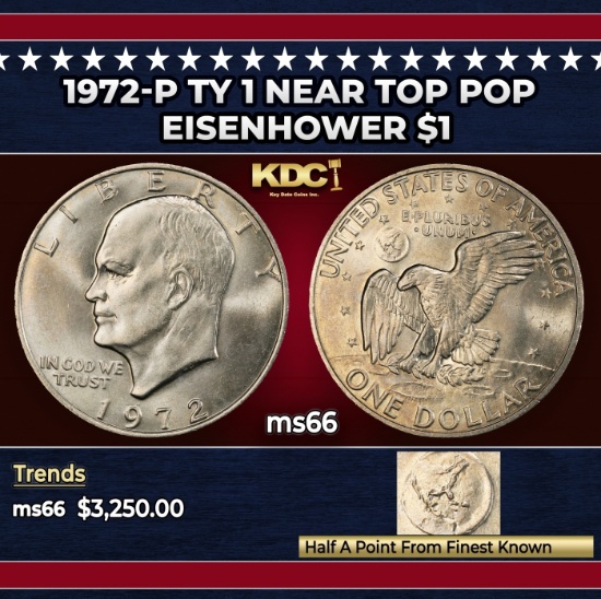 1972-p Ty 1 Eisenhower Dollar Near Top Pop $1 ms66 SEGS