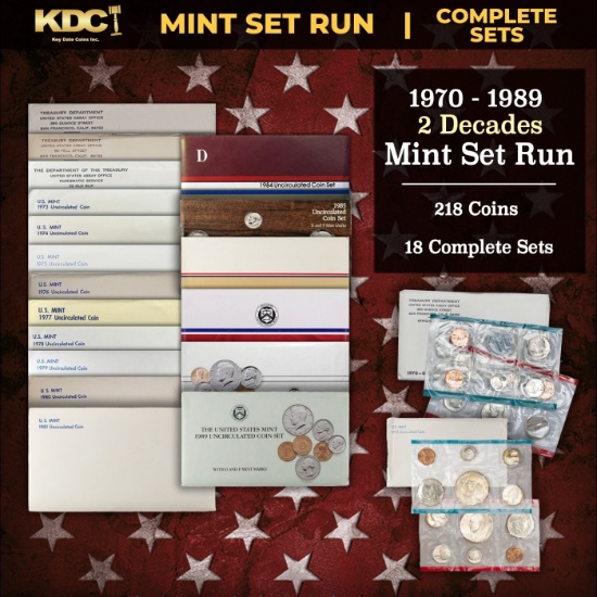 1970-1989 2 Decades Mint Set Run - 218 Coins, 18 Complete Sets Includes All Ike Years