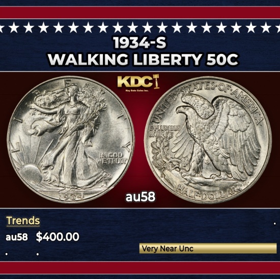1934-s Walking Liberty Half Dollar 50c Grades au58
