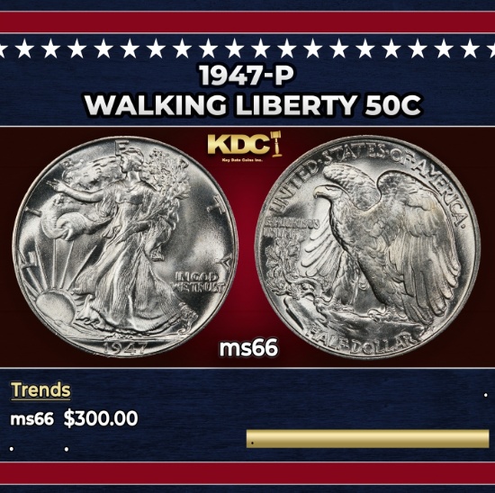1947-p Walking Liberty Half Dollar 50c Grades ms66