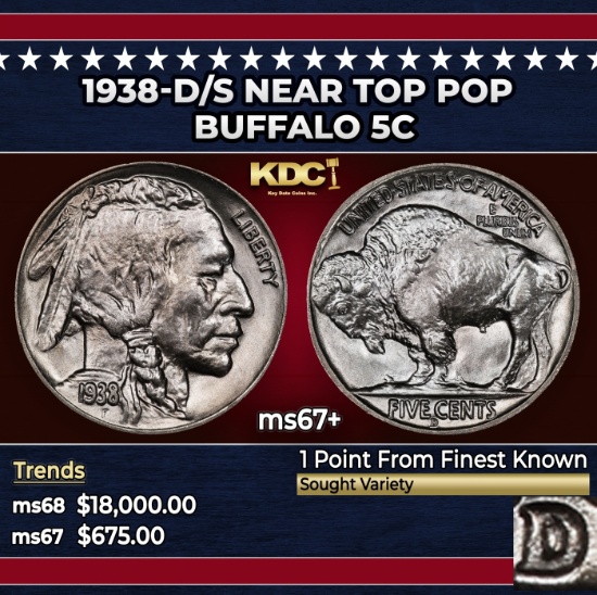 1938-d/s Buffalo Nickel Near Top Pop 5c ms67+ SEGS